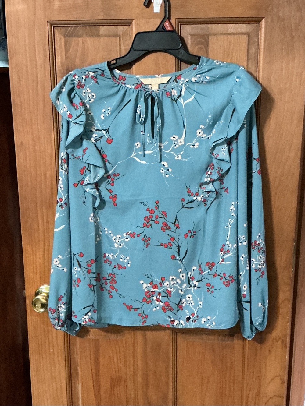 Blue Floral Ruffle Tie-Neck Blouse